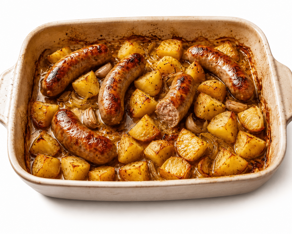 Saucisses au four avec pommes de terre et moutarde