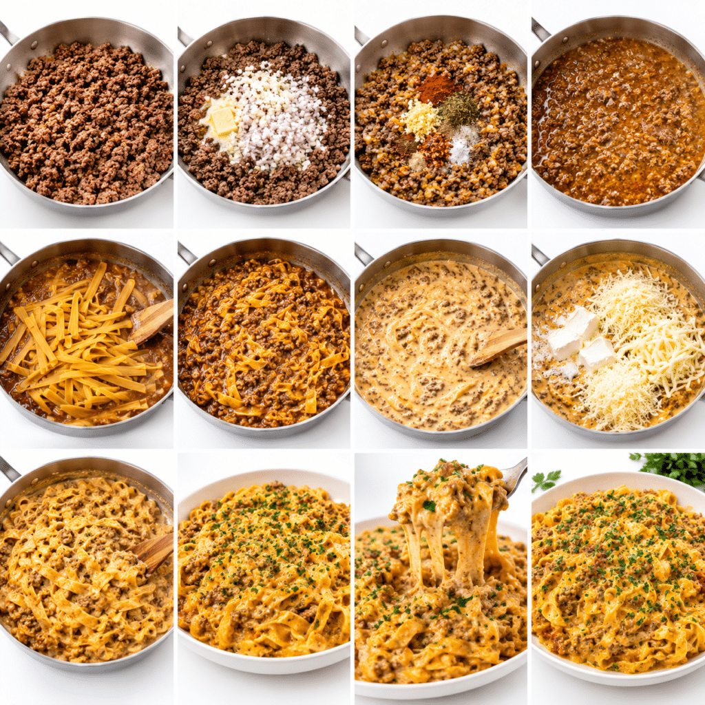One-Pot Garlic Butter Ground Beef Fettuccine in Parmesan Cream