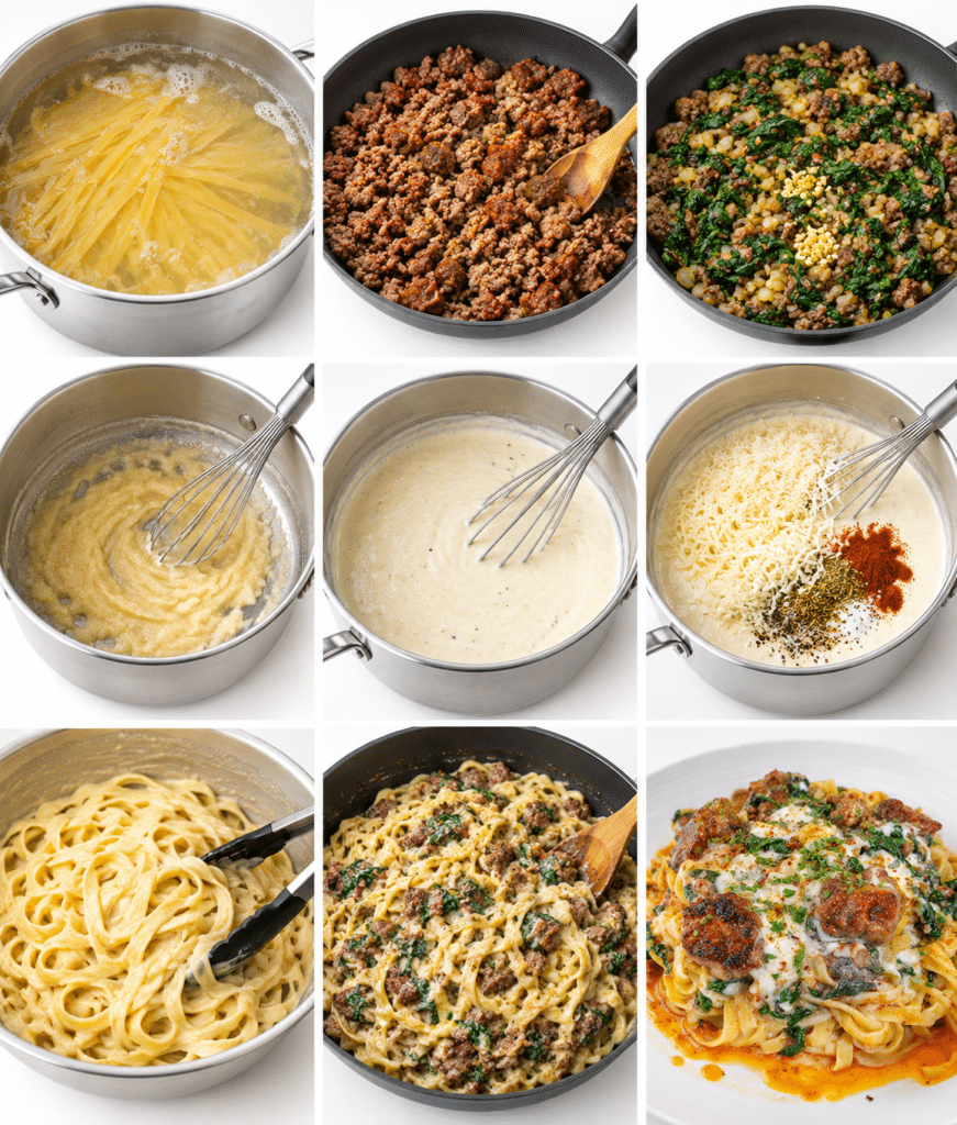 Creamy Three-Cheese Linguine with Beef, Italian Sausage and Spinach