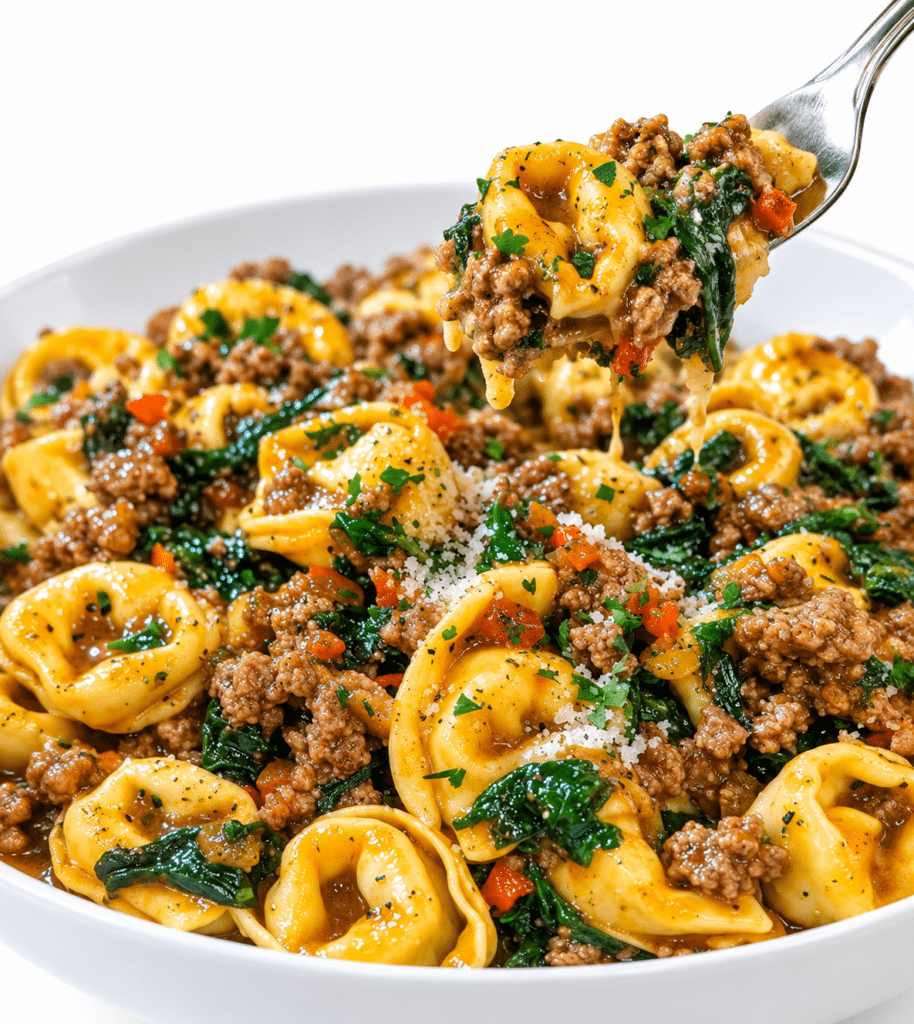 Creamy Beef and Spinach Tortellini with Garlic Butter and Parmesan Cheese