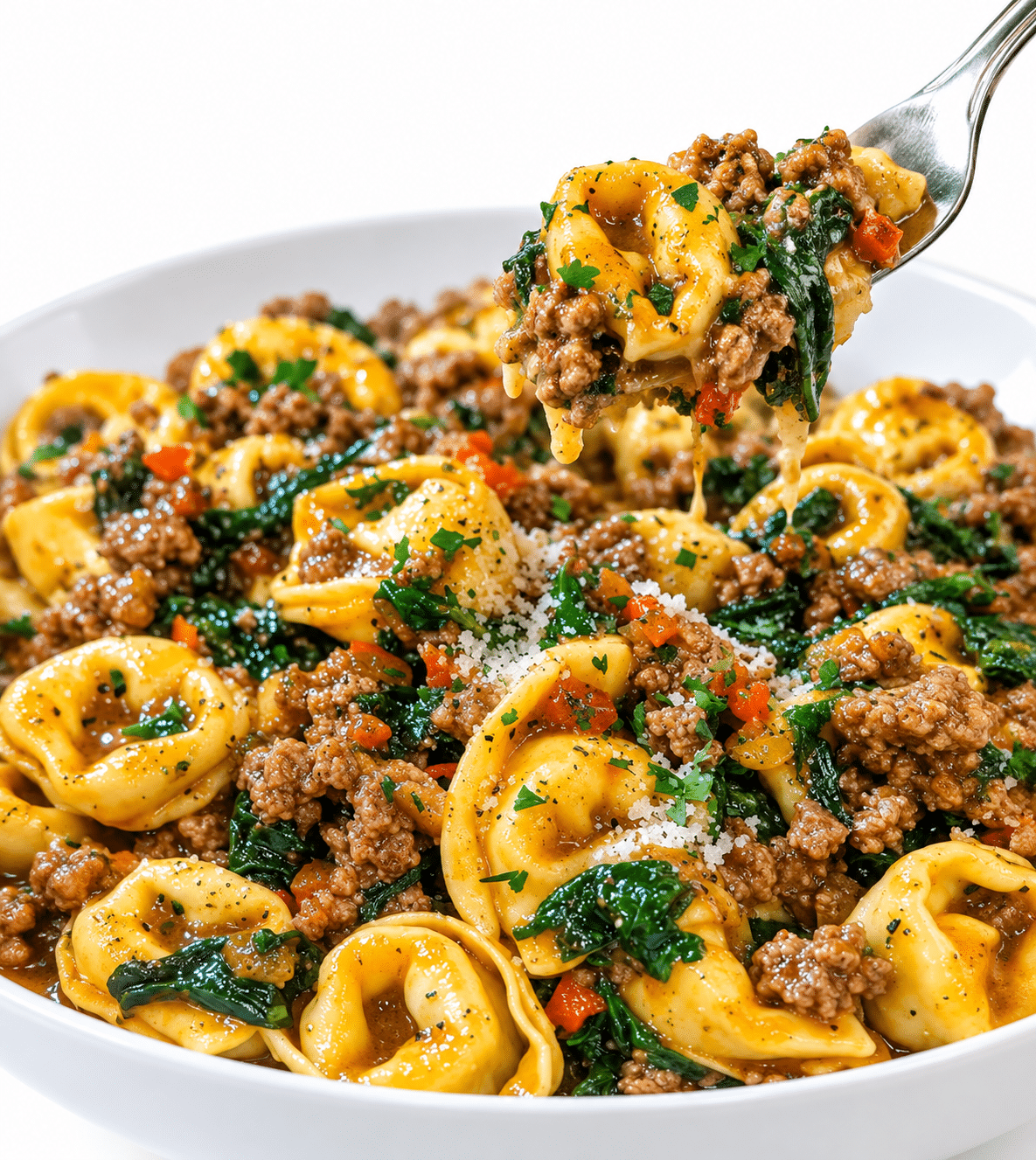 Creamy Beef and Spinach Tortellini with Garlic Butter and Parmesan Cheese