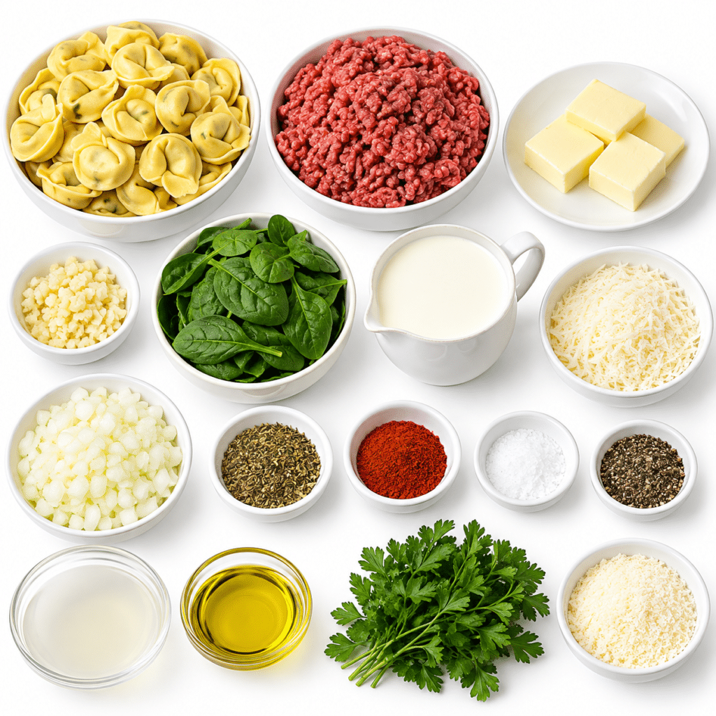 Creamy Beef and Spinach Tortellini with Garlic Butter and Parmesan Cheese