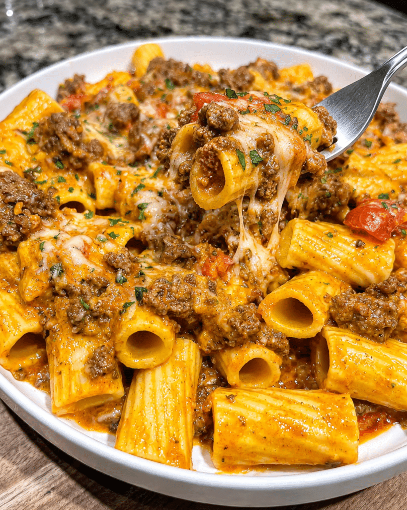 Garlic Butter Beef Rigatoni in Parmesan Tomato