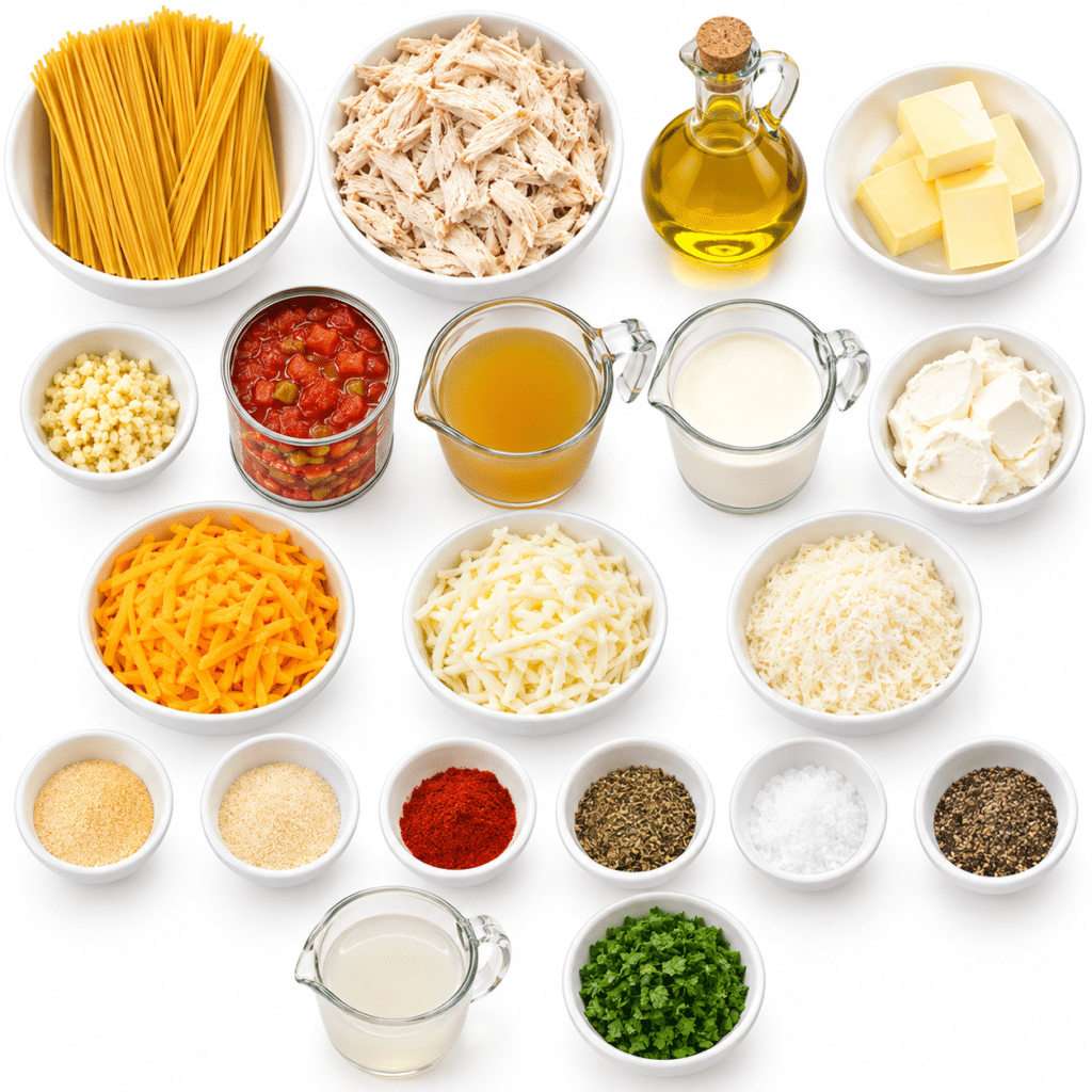 Southern Rotel Chicken Spaghetti with Cheddar Cream Sauce
