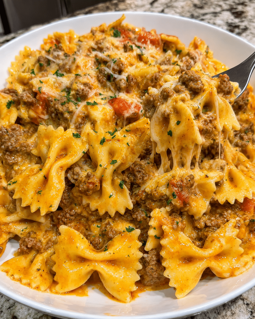 Cheesy Ground Beef Bolognese Bowties in Three-Cheese Cream