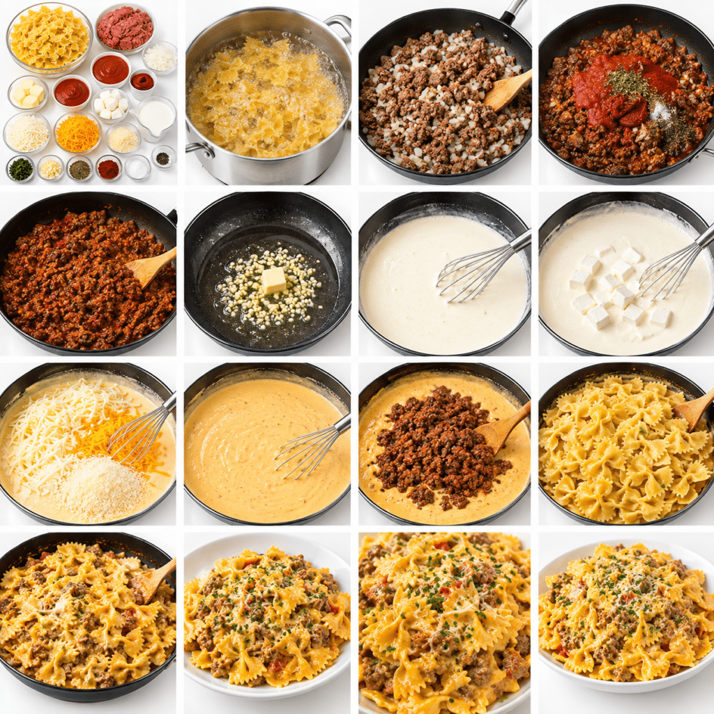 Cheesy Ground Beef Bolognese Bowties in Three-Cheese Cream