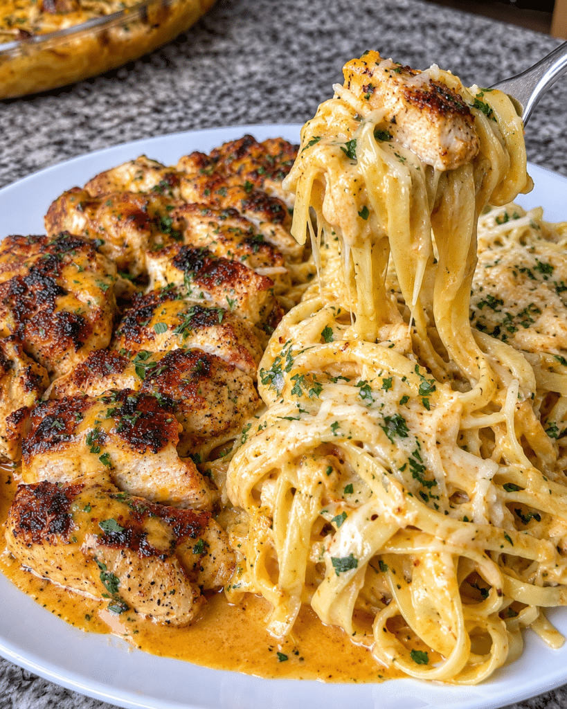 Garlic Butter Chicken Linguine in Creamy Parmesan Provolone