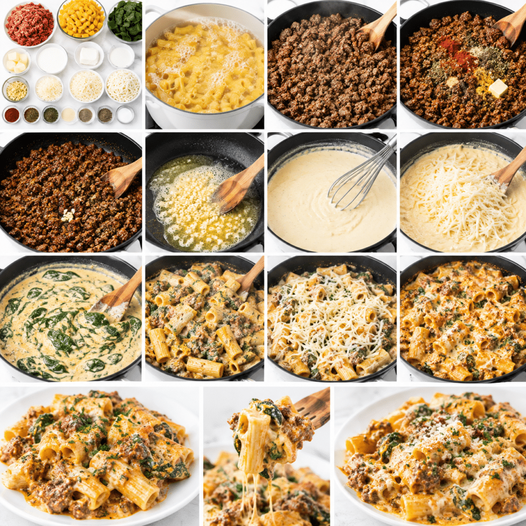 Cheesy Garlic Beef Rigatoni with Spinach and Mozzarella 3 Cheesy Garlic Beef Rigatoni with Spinach and Mozzarella