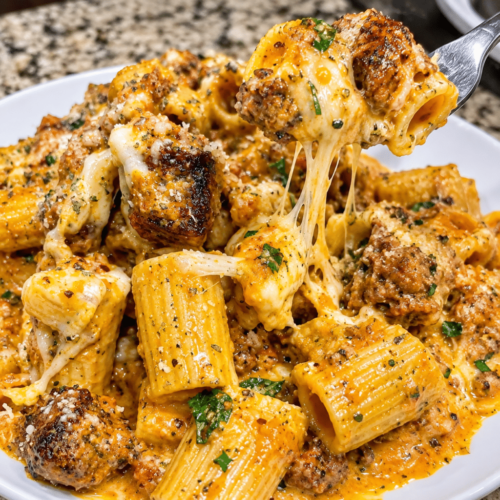 Cheesy Garlic Beef Rigatoni with Spinach and Mozzarella