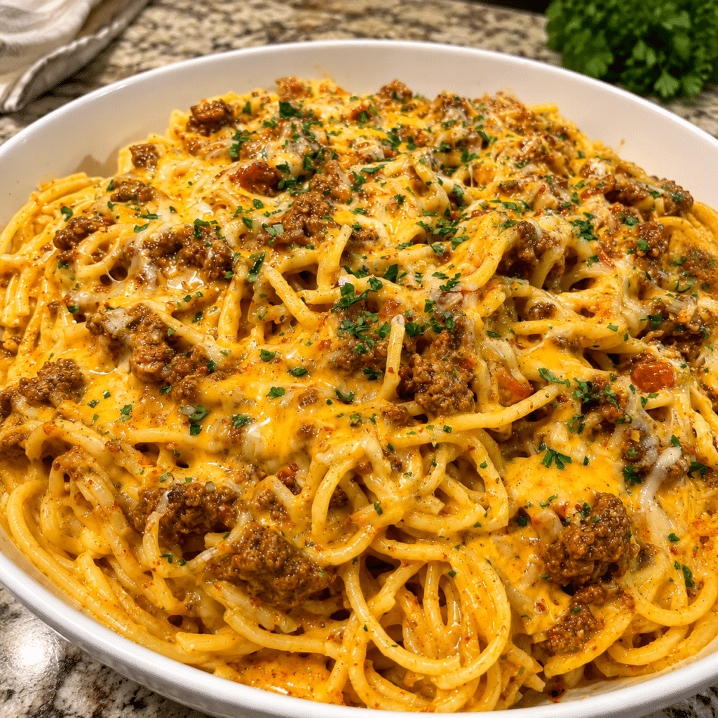 Cajun Beef Spaghetti with Garlic Cheddar Cream Sauce