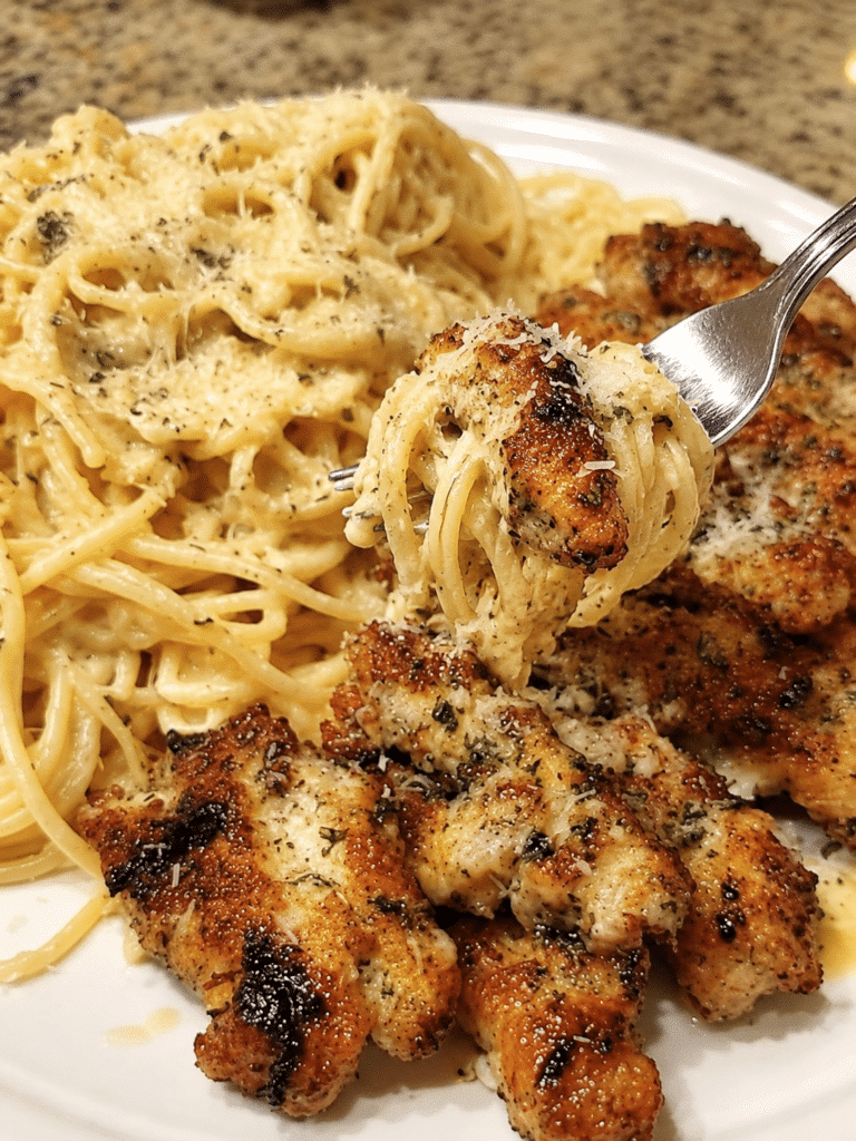 Garlic Parmesan Chicken with Creamy Four-Cheese Spaghetti