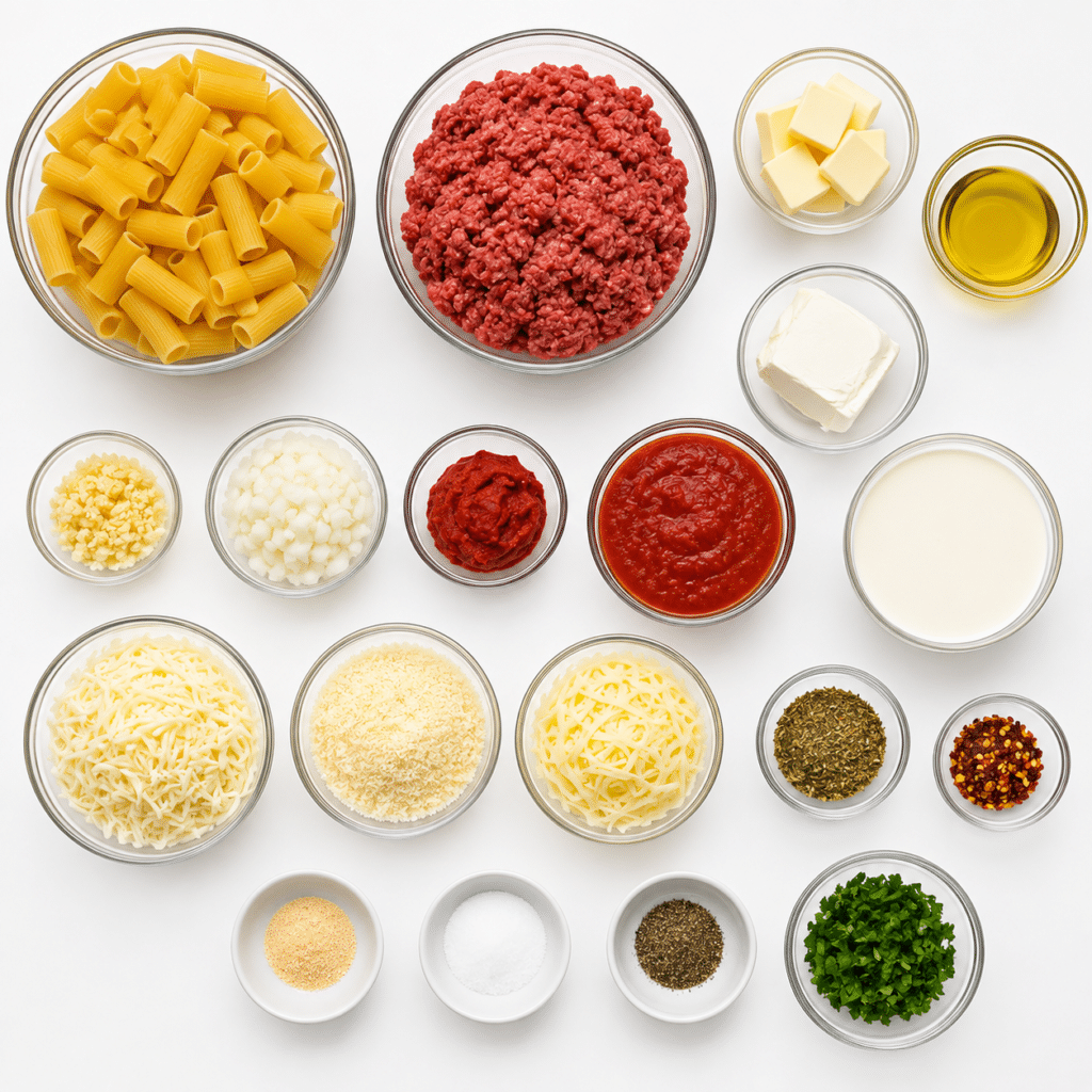 Cheesy Garlic Butter Beef Rigatoni in Three-Cheese Tomato Cream