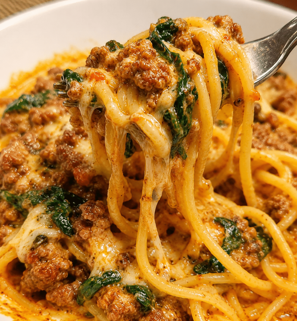 Creamy Garlic Butter Spaghetti with Cajun Beef, Sausage and Spinach 4 Creamy Garlic Butter Spaghetti