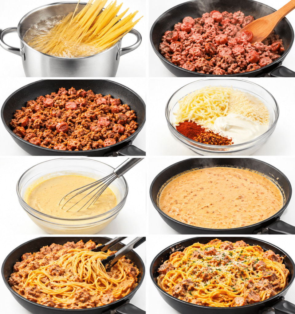 Creamy Garlic Butter Spaghetti with Cajun Beef, Sausage and Spinach 3 Creamy Garlic Butter Spaghetti