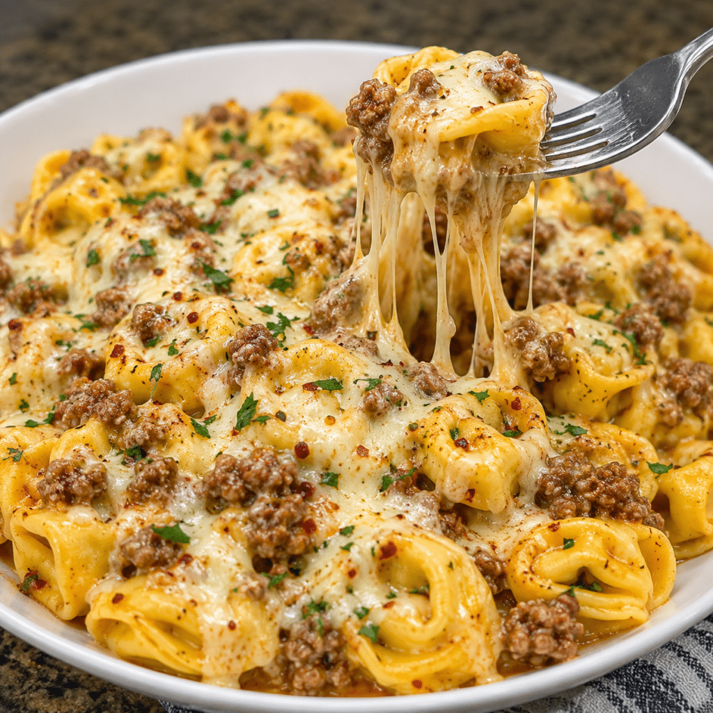 Cheesy Italian Beef Tortellini in Creamy Parmesan Mozzarella Sauce