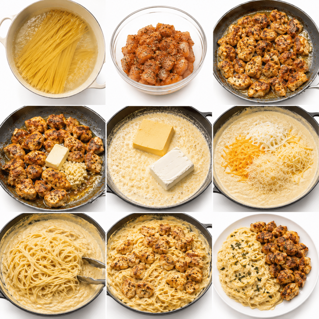 Garlic Butter Cowboy Chicken with Creamy Three-Cheese Spaghetti
