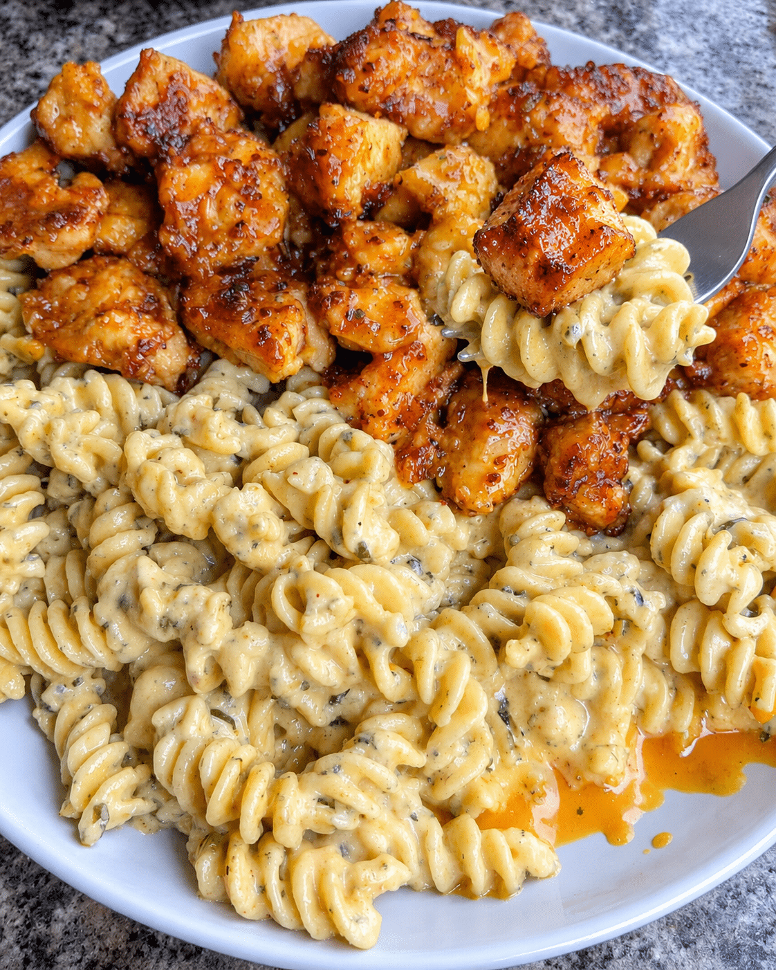 Honey Garlic Chicken Rotini in Creamy Parmesan Alfredo Sauce