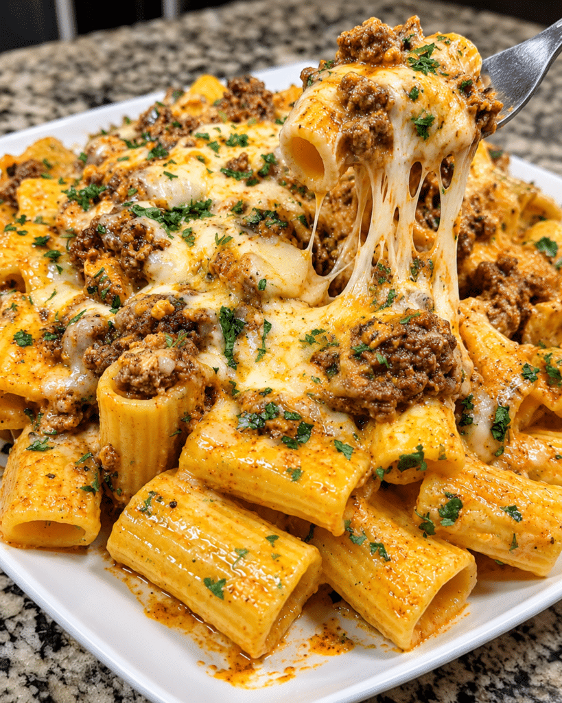 Garlic Butter Beef Rigatoni in Four-Cheese Provolone Cream