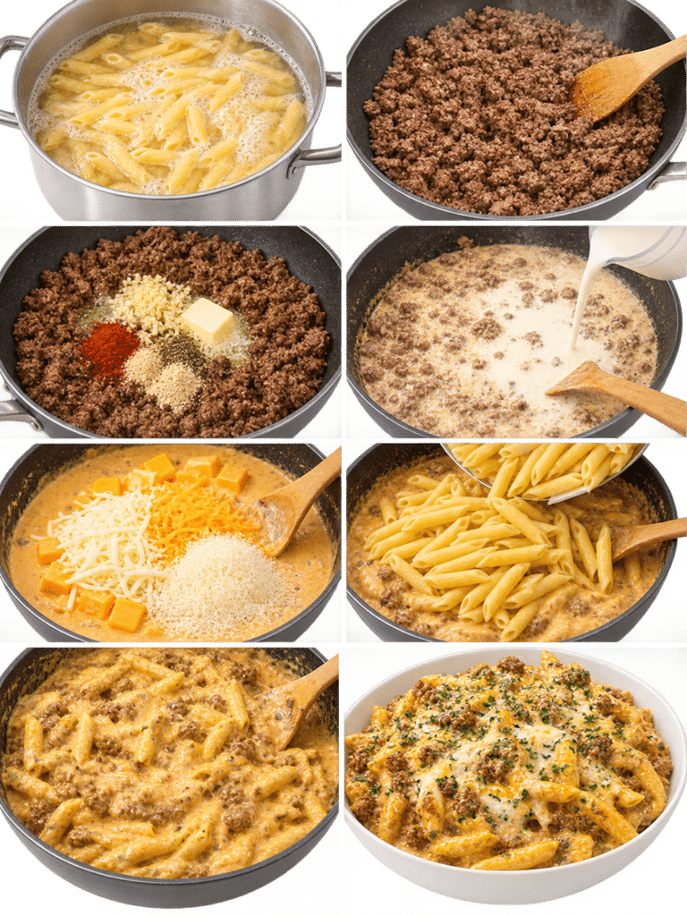 Garlic Butter Beef Penne in Creamy Three-Cheese