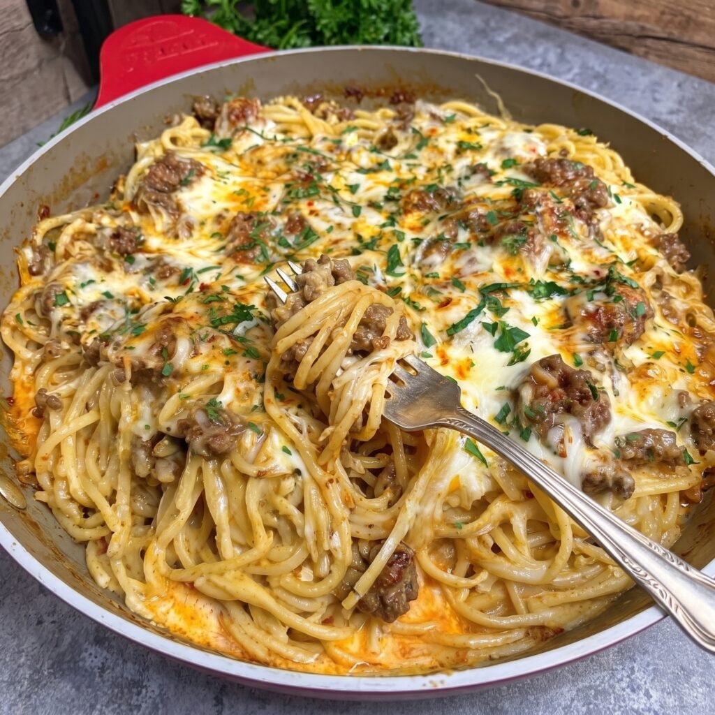 Beef Spaghetti with Cheddar Parmesan